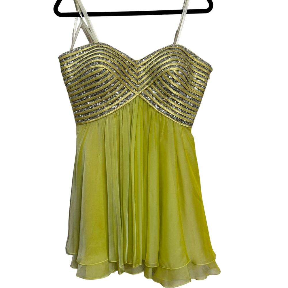 LA FEMME Sweetheart Chiffon Formal Mini Cocktail Dress Lime Green Size 12 - Picture 3 of 7